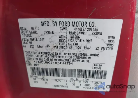2010 Ford Escape Xls из США, поврежденный, VIN 1FMCU0C71AKD42794